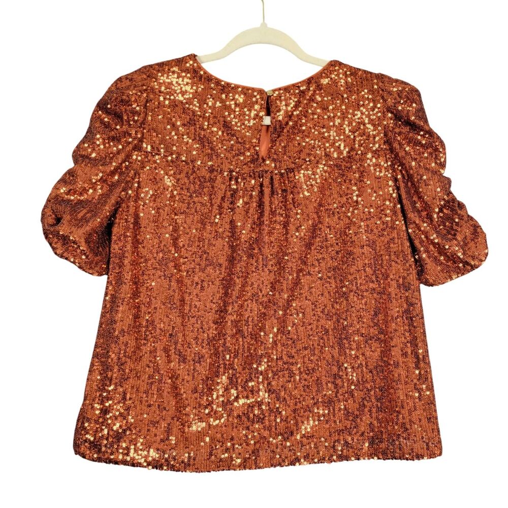 BY ANTHROPOLOGIE Marie Orange Sequin Puff Sleeve Top Event Glam Party SIZE 6 - Picture 3 of 16